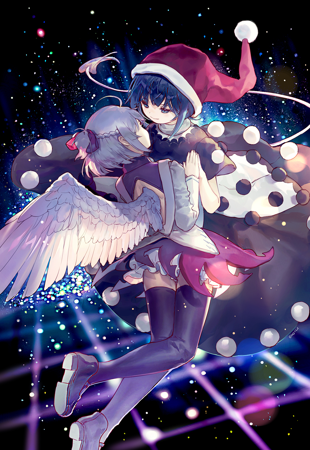 2girls ahoge ainy77 angel_wings back_opening bangs beige_jacket black_dress blue_hair braid doremy_sweet dress floating french_braid from_behind grey_wings grid hair_ribbon half-closed_eyes hands_together hat highres kishin_sagume long_sleeves looking_at_another multicolored multicolored_clothes multicolored_dress multiple_girls nightcap purple_dress purple_legwear purple_shoes ribbon shoes short_dress short_hair short_ponytail short_sleeves sidelocks silver_hair single_wing smile space tail tapir_tail thigh-highs touching touhou white_dress wings