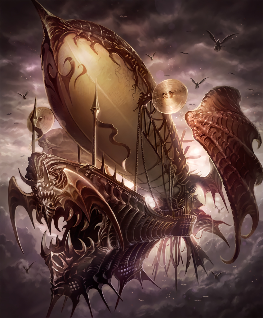 airship banner clouds cygames dark_airjammer demon_wings no_humans official_art open_mouth propeller rope shadowverse shingeki_no_bahamut wings