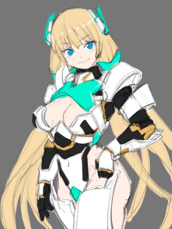 1girl alternate_costume angela_balzac blonde_hair blue_eyes breasts cleavage cleavage_cutout covered_navel grey_background hand_on_hip headgear large_breasts leotard long_hair low_twintails oz_(gerbera7) rakuen_tsuihou simple_background sketch smile solo thigh-highs twintails very_long_hair white_legwear