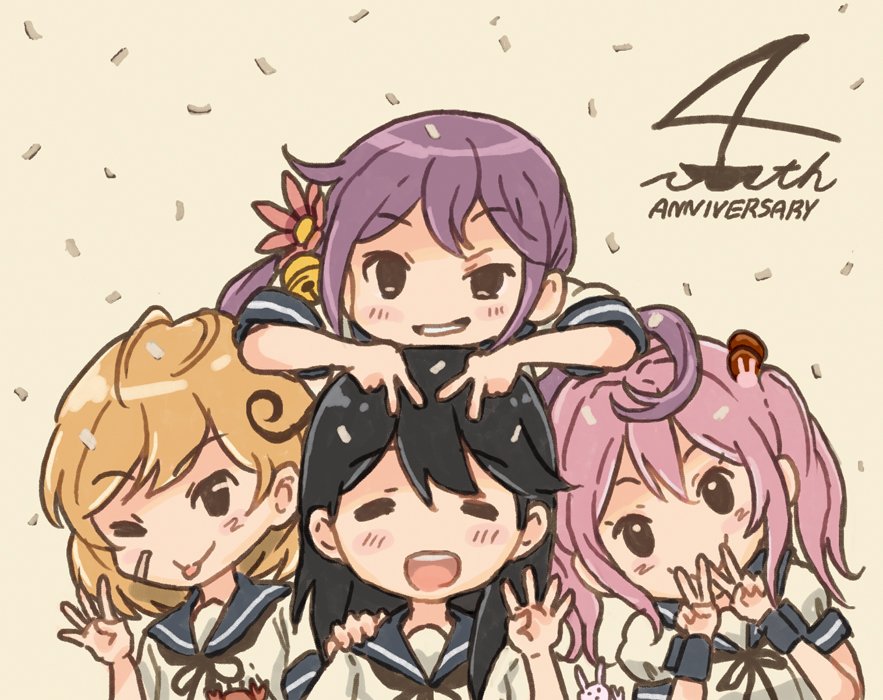 4girls :p akebono_(kantai_collection) anniversary bandaid bandaid_on_face beige_background bell black_hair closed_eyes comic commentary_request crab double_v flower grin hair_bell hair_bobbles hair_flower hair_ornament hand_on_another's_shoulder hand_up hands_on_another's_head jingle_bell kantai_collection light_brown_hair long_hair looking_at_viewer multiple_girls neck_ribbon oboro_(kantai_collection) one_eye_closed open_mouth otoufu pink_hair purple_hair rabbit ribbon sazanami_(kantai_collection) school_uniform serafuku short_hair short_sleeves side_ponytail sidelocks smile tongue tongue_out twintails ushio_(kantai_collection) v very_long_hair violet_eyes wristband