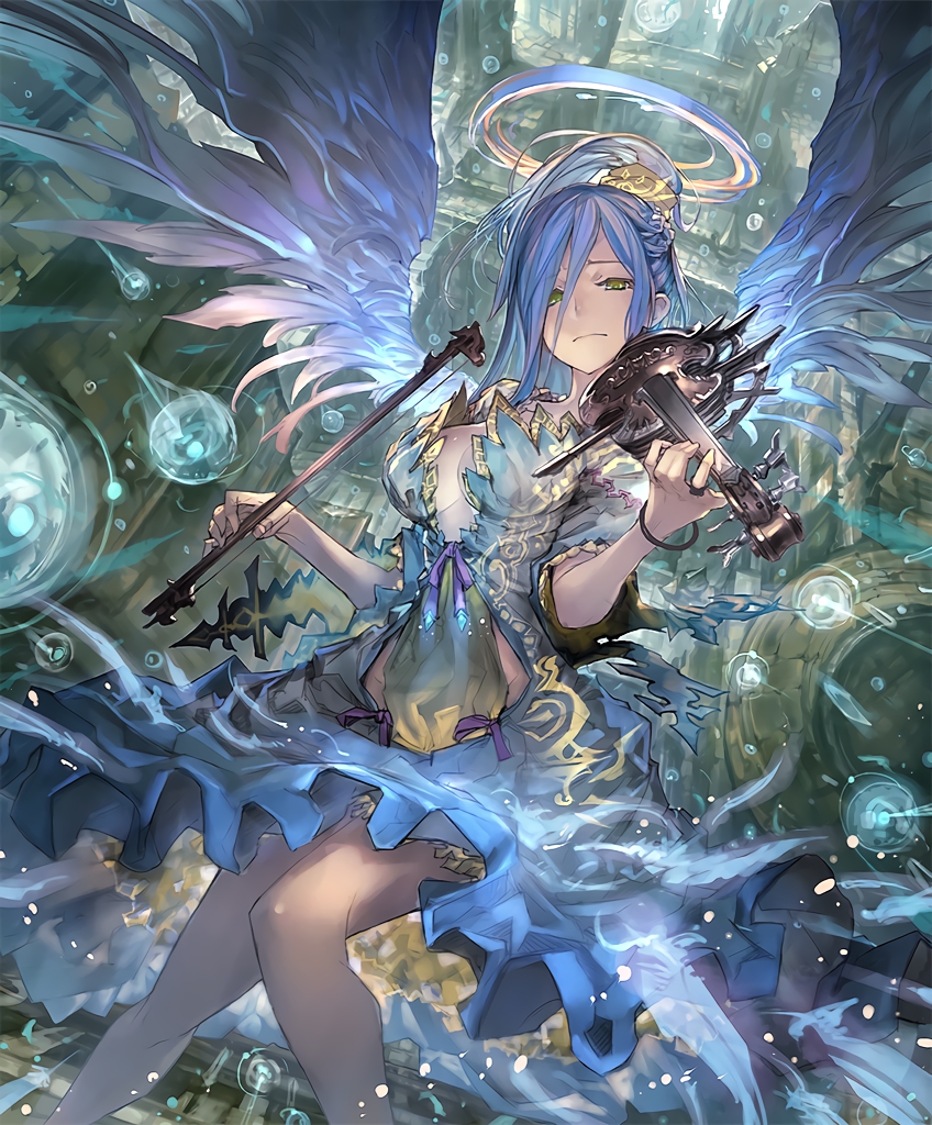 1girl artist_request blue_hair bow_(instrument) bracelet breasts city cleavage cygames dress feathered_wings frown green_eyes halo instrument israfil_(shadowverse) jewelry large_breasts long_hair looking_at_viewer official_art ponytail ribbon ring shadowverse shingeki_no_bahamut solo violin water wings