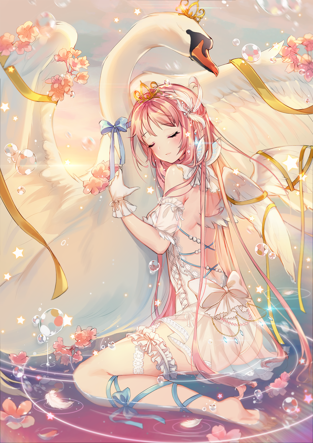 1girl angel_wings ass barefoot bird blue_ribbon blush bow breasts closed_eyes diadem dress eyebrows_visible_through_hair feahtered_wings feathered_wings gloves hair_ornament highres hug leg_ribbon long_hair medium_breasts open-back_dress original pink_hair ribbon see-through short_dress sideboob sleeveless sleeveless_dress sleevlees_dress snow_is_ thigh_straop thigh_strap very_long_hair white_bow white_dress white_gloves white_wings wings yellow_ribbon