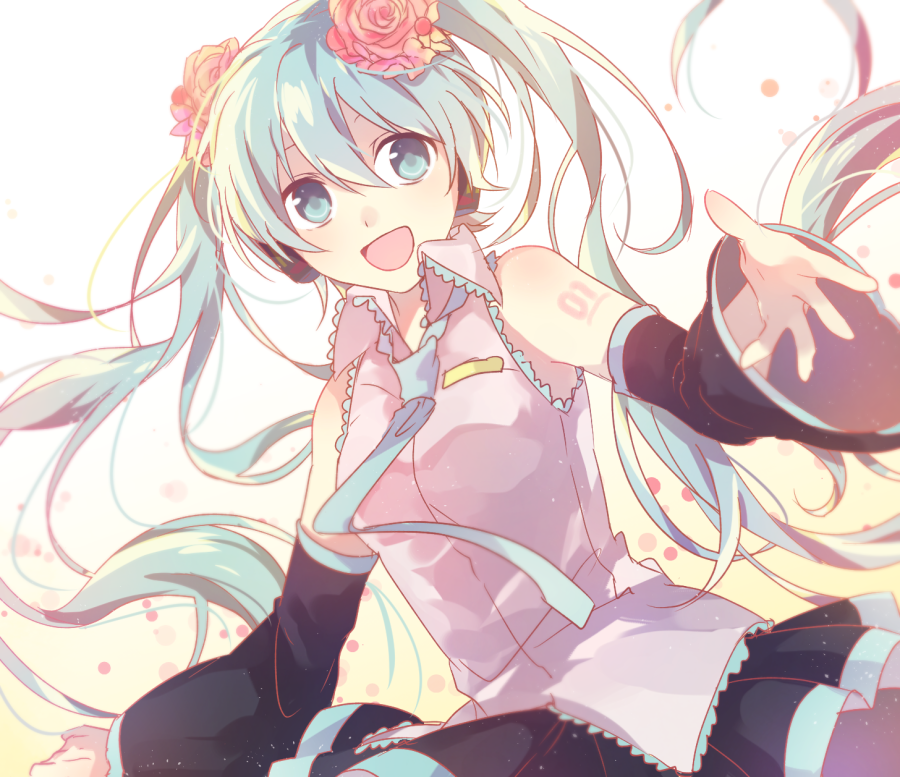 1girl :d black_skirt blue_eyes blue_hair blue_necktie bow detached_sleeves floating_hair flower grey_shirt hair_bow hair_flower hair_ornament hatsune_miku long_hair looking_at_viewer miniskirt necktie open_mouth pink_flower pleated_skirt shirt simple_background skirt sleeveless sleeveless_shirt smile solo twintails very_long_hair vocaloid white_background yoishi_(fuchi39)