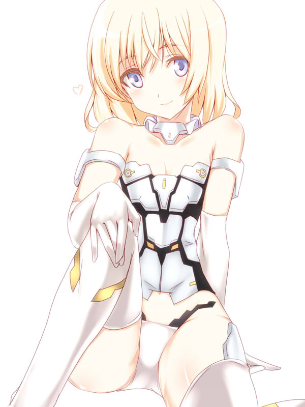 1girl animal_ears bare_shoulders black_gloves black_legwear blonde_hair blue_eyes cat_tail elbow_gloves frame_arms_girl gloves looking_at_viewer materia_(frame_arms_girl) mecha_musume panties silve simple_background sitting smile solo tail thigh-highs underwear white_background white_panties white_underwear