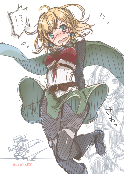 ! 2girls ? ?? arms_behind_back belt beret black_legwear blonde_hair blush boots cape commentary djeeta_(granblue_fantasy) earrings granblue_fantasy green_eyes hat hawkeye_(granblue_fantasy) jewelry multiple_girls one_leg_raised pantyhose short_hair sketch skirt skirt_flip spoken_exclamation_mark spoken_question_mark teena_(granblue_fantasy) thigh-highs twitter_username uruha_(yw1109) wavy_mouth