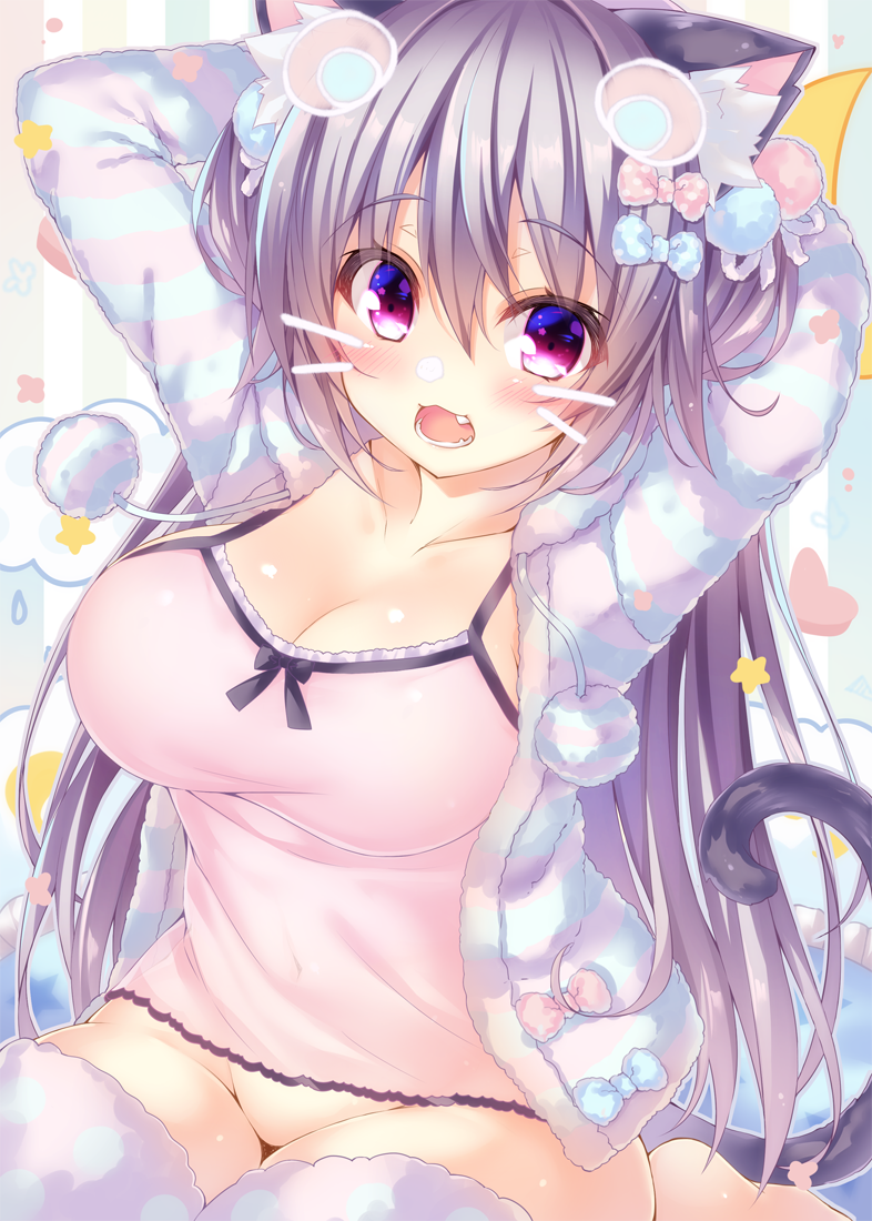1girl :3 :d animal_ears arms_behind_head arms_up bangs barefoot blush breasts camisole cat_ears cat_girl cat_tail cleavage collarbone covered_navel fang fur_coat fur_trim grey_hair hair_between_eyes large_breasts long_hair looking_at_viewer no_panties ooji_cha open_mouth oppai_loli original oziko_(ooji_cha) sitting smile solo tail thigh-highs very_long_hair violet_eyes whisker_markings white_legwear