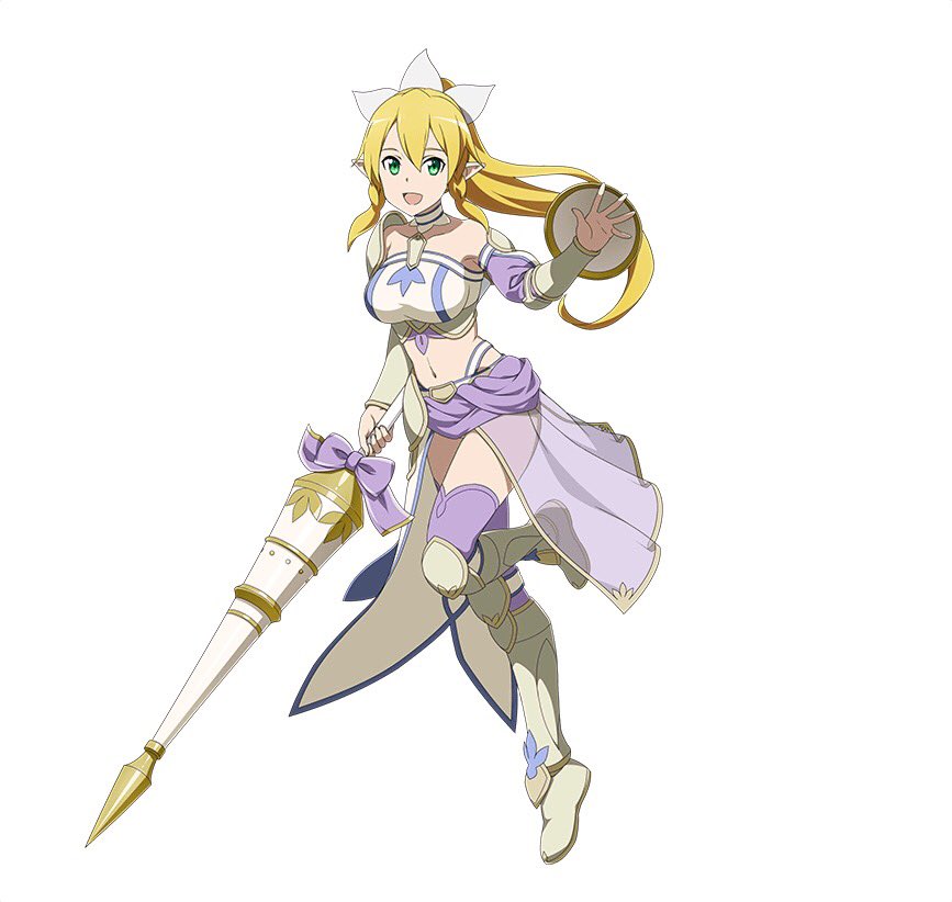 1girl armor armored_boots blonde_hair boots bow breasts detached_sleeves floating_hair full_body green_eyes hair_between_eyes hair_ribbon holding holding_weapon lance leafa long_hair looking_at_viewer medium_breasts midriff navel one_leg_raised open_mouth pointy_ears polearm ponytail purple_bow purple_legwear ribbon see-through shield simple_background solo standing stomach strapless sword_art_online thigh-highs very_long_hair weapon white_background white_ribbon