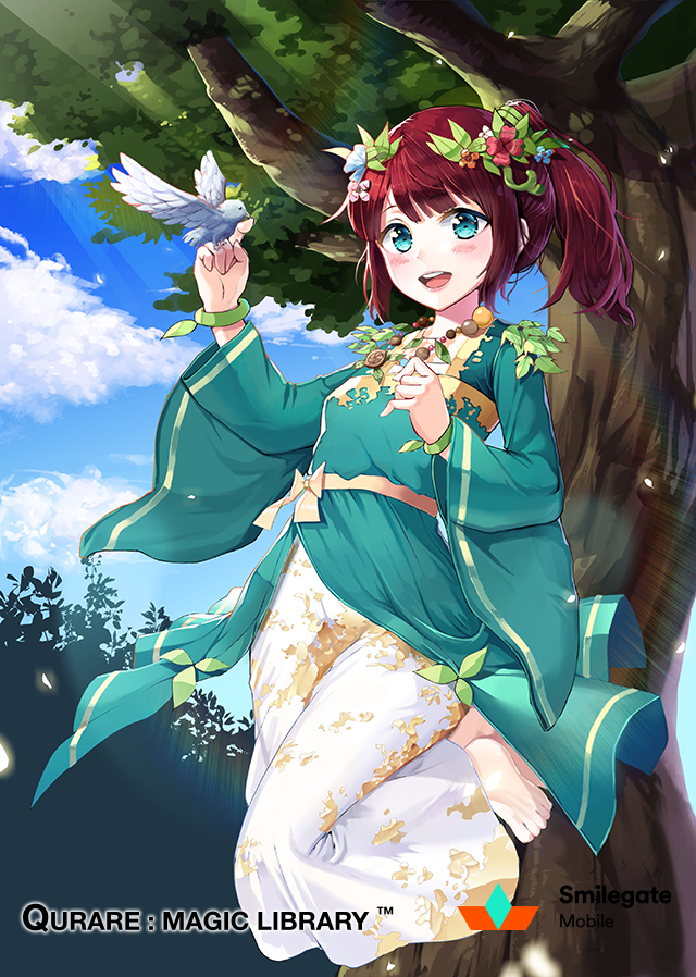 1girl animal bird bird_on_hand blue_eyes blush bow bracelet character_request day dove flower hair_flower hair_ornament head_wreath jewelry long_sleeves open_mouth ponytail qurare_magic_library redhead ribbon shoonear short_hair smile solo sunlight teeth tree yellow_bow yellow_ribbon