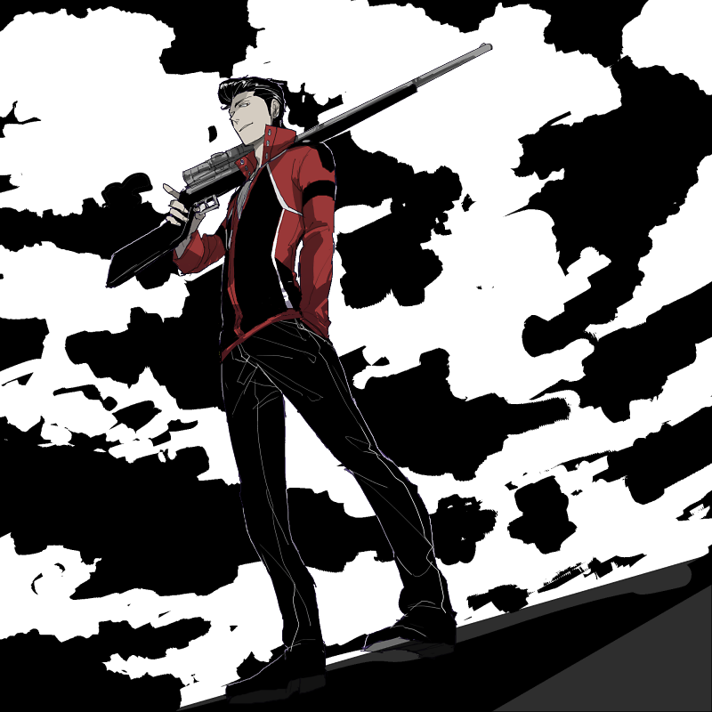 1boy black_hair clouds dutch_angle full_body gun hand_in_pocket jacket jitome looking_at_viewer male_focus over_shoulder pompadour popped_collar rifle smile sniper_rifle touma_isami weapon weapon_over_shoulder world_trigger