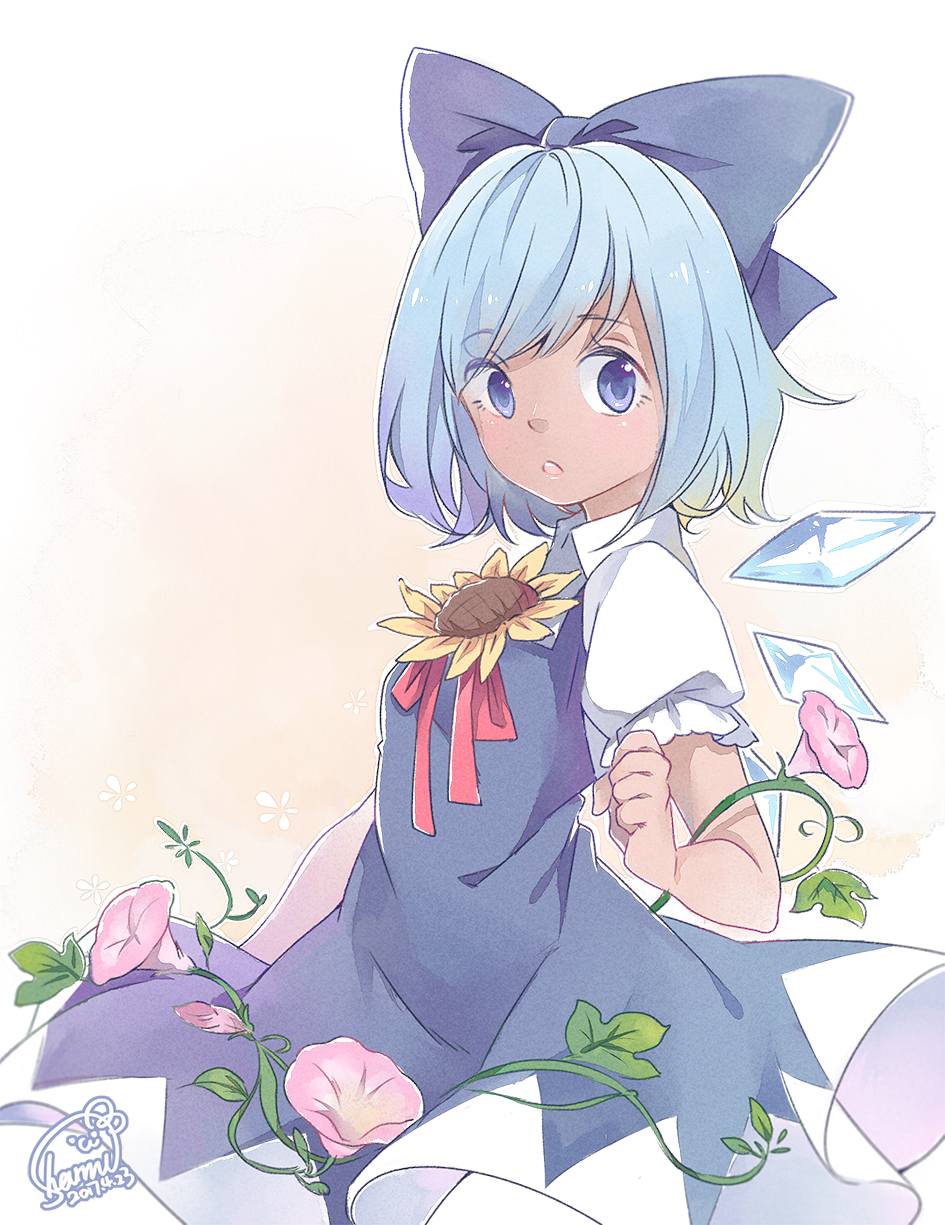 1girl 2017 :o bangs blue_dress blue_eyes blue_hair blue_ribbon bow cirno collared_shirt cowboy_shot dated dress eyebrows_visible_through_hair flower hair_bow hand_up hidden_star_in_four_seasons highres ice ice_wings ivy leaf looking_at_viewer neck_ribbon open_mouth pink_flower puffy_short_sleeves puffy_sleeves red_ribbon ribbon sharmi1010 shirt short_dress short_hair short_sleeves signature smile solo sunflower swept_bangs tan touhou upper_teeth white_shirt wind wings