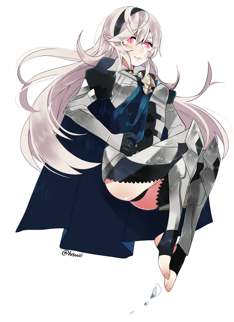 1girl armor ass barefoot corrin female_my_unit_(fire_emblem_if) fingerless_gloves fire_emblem fire_emblem_if gloves hair_ornament long_hair looking_at_viewer my_unit_(fire_emblem_if) red_eyes silver_hair simple_background smile solo solo_focus sparkling_eyes white_background