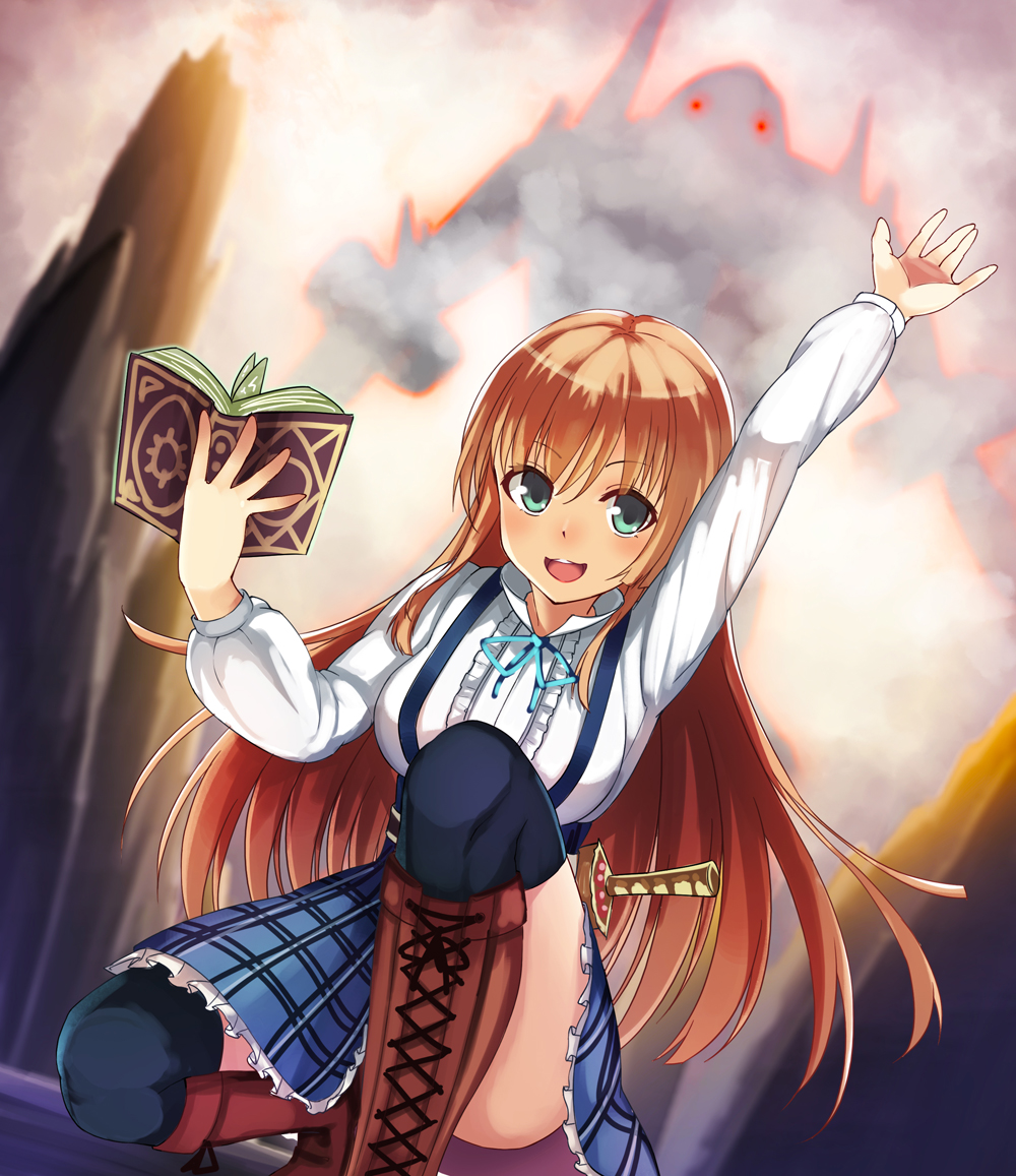 &gt;:3 &gt;:d 1girl :3 :d anne_(shingeki_no_bahamut) aqua_eyes arm_up black_legwear blue_ribbon book boots breasts brown_boots brown_hair center_frills character_request collared_shirt cross-laced_footwear dutch_angle eyebrows_visible_through_hair giant glowing glowing_eyes holding holding_book huan_(hao7551789) long_hair medium_breasts open_book open_mouth red_eyes ribbon sheath sheathed shingeki_no_bahamut shirt smile smoke squatting thigh-highs weapon white_shirt