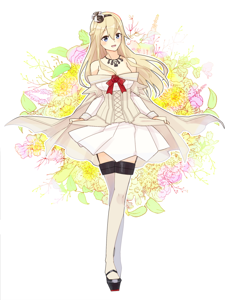 1girl black_shoes blonde_hair blue_eyes braid crown dress flower french_braid full_body garter_straps hairband jewelry kantai_collection long_hair long_sleeves mini_crown necklace off-shoulder_dress off_shoulder shoes simple_background solo standing thigh-highs warspite_(kantai_collection) white_background white_dress white_legwear yamashiki_(orca_buteo)
