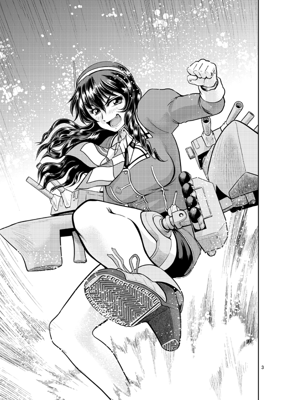 1girl ankle_boots ashigara_(kantai_collection) boots cannons clenched_hands doyagao fang greyscale high_heel_boots high_heels kantai_collection knee_up legs long_hair mecha_musume monochrome page_number shoe_soles shoe_tread solo stomping turret waves wavy_hair yagisawa_keiichi