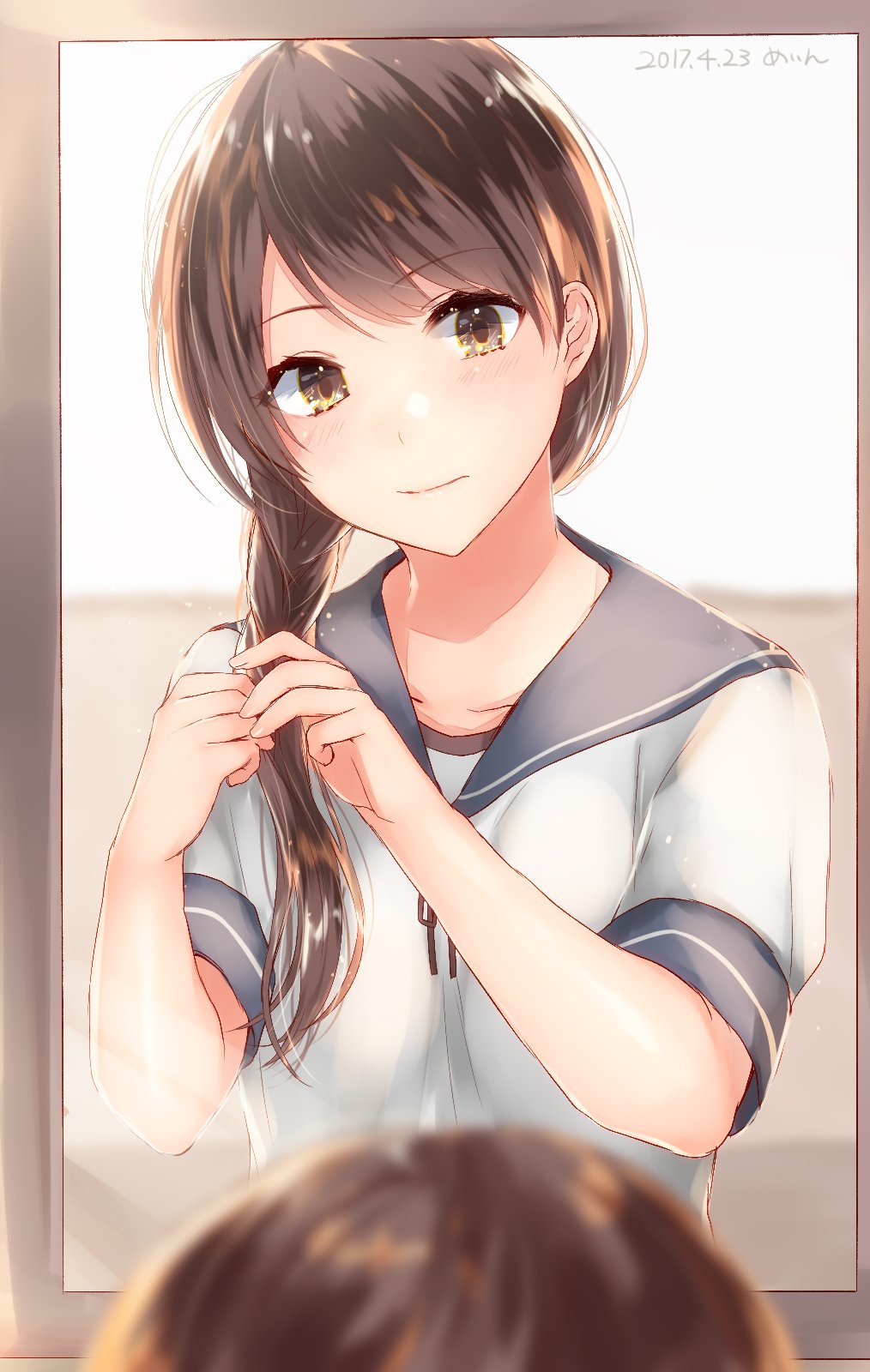 1girl blush braid braiding_hair brown_eyes brown_hair hairdressing highres kantai_collection lips long_hair looking_at_viewer neckerchief reflection sakiryo_kanna school_uniform serafuku short_sleeves single_braid upper_body uranami_(kantai_collection)