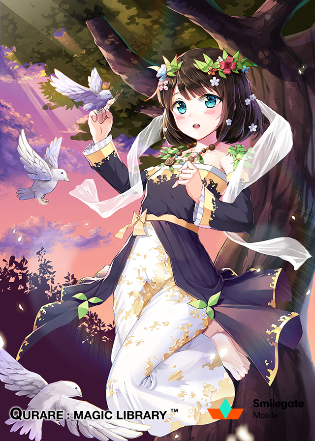 1girl animal bird bird_on_hand black_hair blue_eyes blush bow character_request dove eyebrows_visible_through_hair feathers head_wreath holding holding_animal long_sleeves looking_at_viewer open_mouth qurare_magic_library ribbon shoonear short_hair solo sunset teeth yellow_bow yellow_ribbon