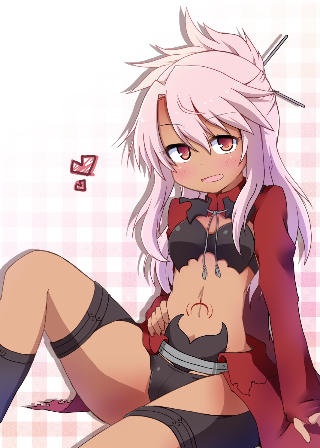 1girl :d blush breasts chloe_von_einzbern dark_skin fate/kaleid_liner_prisma_illya fate_(series) hair_ornament hair_stick hand_on_hip heart highres long_hair looking_at_viewer navel open_mouth pink_hair red_eyes small_breasts smile solo stomach stomach_tattoo tattoo yuuhi_alpha