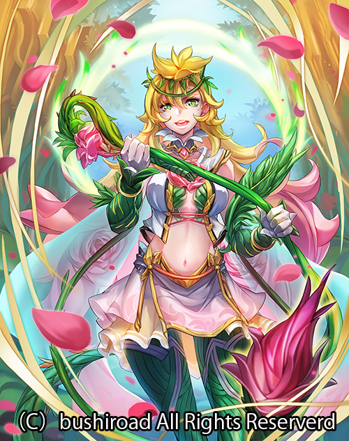 1girl blonde_hair cape cardfight!!_vanguard center_opening company_name flower gloves green_eyes hair_flower hair_ornament leaf long_hair maiden_of_damask_rose midriff navel official_art open_mouth petals plant rose solo teeth todee tree vines