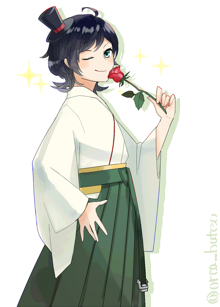 1girl ahoge black_hair cowboy_shot flower green_eyes green_hakama hakama hand_on_hip hat japanese_clothes kantai_collection kimono looking_at_viewer matsukaze_(kantai_collection) meiji_schoolgirl_uniform mini_hat mini_top_hat rose short_hair simple_background solo standing top_hat white_background yamashiki_(orca_buteo)