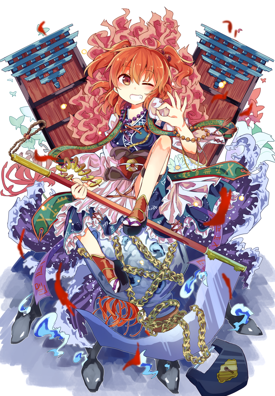 1girl beads belt bracelet butterfly chains coin daisy dress flower grin hair_bobbles hair_ornament highres hitodama jewelry knee_up layered_dress light_particles lock looking_at_viewer money_gesture one_eye_closed onozuka_komachi petals prayer_beads red_eyes redhead sandals scythe short_hair simple_background smile snake solo spider_lily tabi to-den_(v-rinmiku) touhou twintails water waving white_background