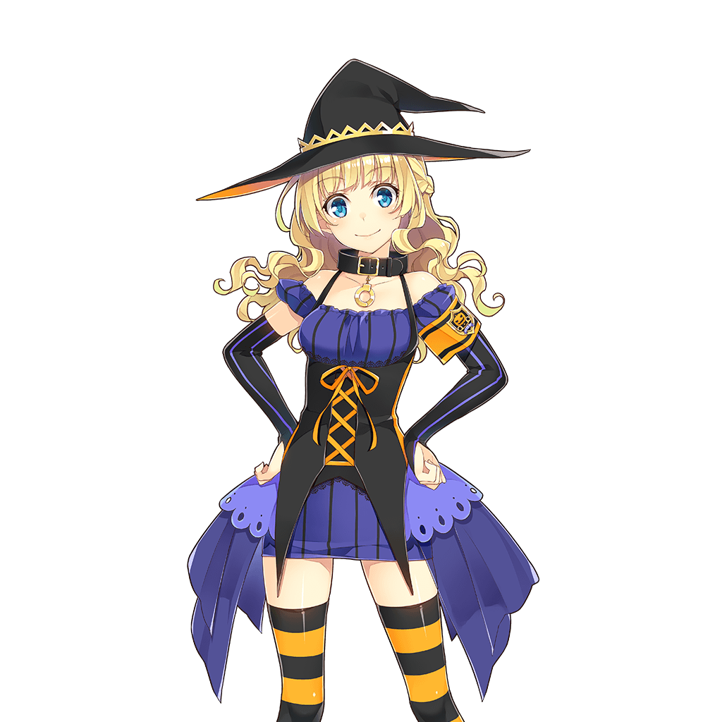 1girl amelie_mcgregor blonde_hair bridal_gauntlets collar dress eyebrows_visible_through_hair hands_on_hips hat long_hair looking_at_viewer mmu official_art smile solo striped striped_legwear thigh-highs transparent_background uchi_no_hime-sama_ga_ichiban_kawaii underbust vertical_stripes witch_hat