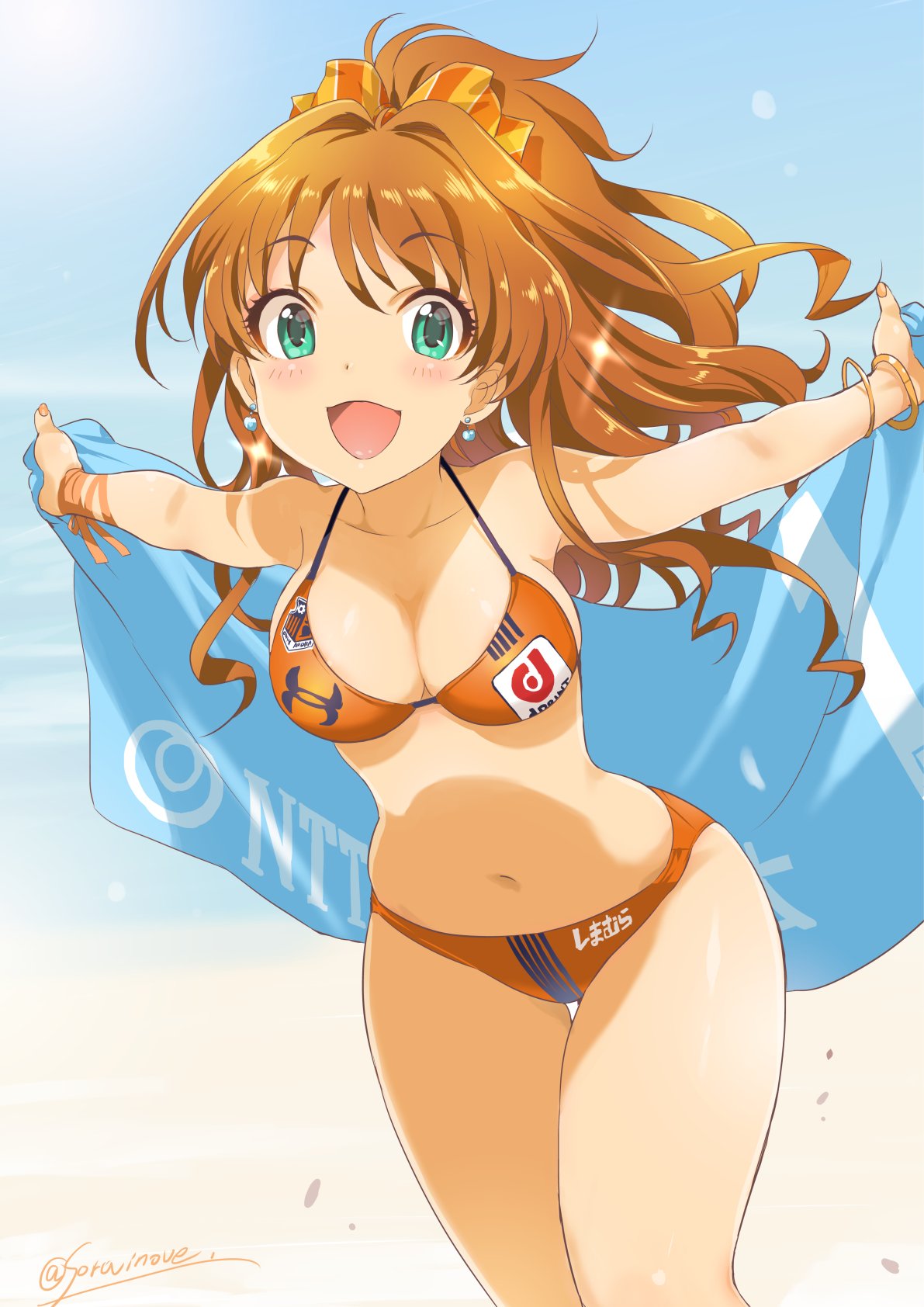 :3 :d aqua_eyes artist_name bangle bikini blush bow bracelet breasts brown_hair cleavage earrings eyebrows_visible_through_hair fingernails hair_bow half_updo highres hino_akane_(idolmaster) idolmaster idolmaster_cinderella_girls inoue_sora jewelry medium_breasts navel open_mouth orange_bikini ribbon smile sparkle sports_bikini swimsuit thigh_gap towel twitter_username wrist_ribbon