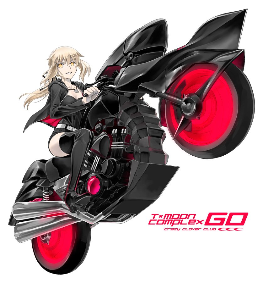 1girl blonde_hair boots fate/grand_order fate_(series) ground_vehicle high_heels jacket jewelry motor_vehicle motorcycle necklace ponytail saber saber_alter shirotsumekusa short_shorts shorts solo thigh-highs thigh_boots wheelie yellow_eyes