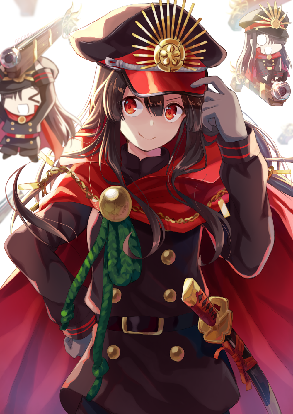 1girl adjusting_clothes adjusting_hat black_clothes black_hair cape chibi deformed demon_archer fate_(series) gloves hair_between_eyes hair_over_shoulder hand_on_hip hat highres katana long_hair looking_at_viewer military military_uniform nonono open_mouth peaked_cap red_eyes sheath sheathed sidelocks sword uniform weapon white_gloves