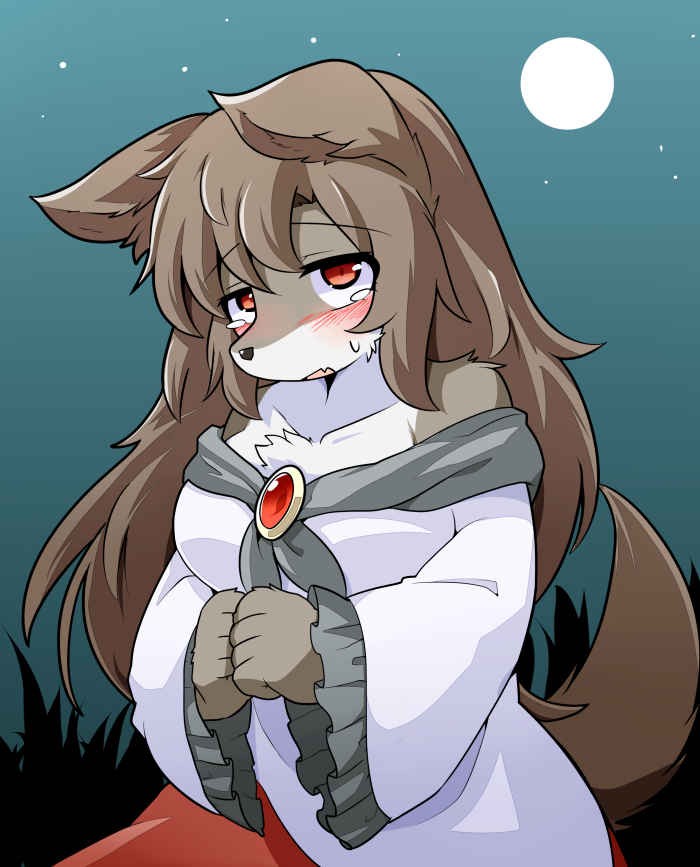 1girl animal_ears blush breasts brooch brown_hair collarbone crying crying_with_eyes_open d: dress fang full_moon fur furry imaizumi_kagerou jewelry long_hair long_sleeves medium_breasts monster_girl moon off-shoulder_dress off_shoulder open_mouth peku_(science_santa-san) red_eyes solo tail tears touhou very_long_hair werewolf wolf wolf_ears wolf_girl wolf_tail