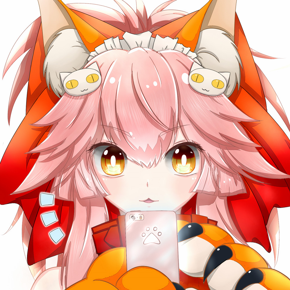 /\/\/\ 1girl :3 animal_ears bell bell_collar cellphone collar fate/grand_order fate_(series) fox_ears hair_ribbon long_hair lytlennier open_mouth paws phone pink_hair ribbon simple_background smartphone solo tamamo_(fate)_(all) tamamo_cat_(fate) white_background yellow_eyes