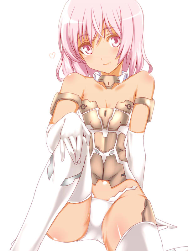 1girl animal_ears bare_shoulders black_gloves black_legwear cat_tail elbow_gloves frame_arms_girl gloves looking_at_viewer materia_(frame_arms_girl) mecha_musume panties pink_eyes pink_hair silve simple_background sitting smile solo tail tan thigh-highs underwear white_background white_panties white_underwear