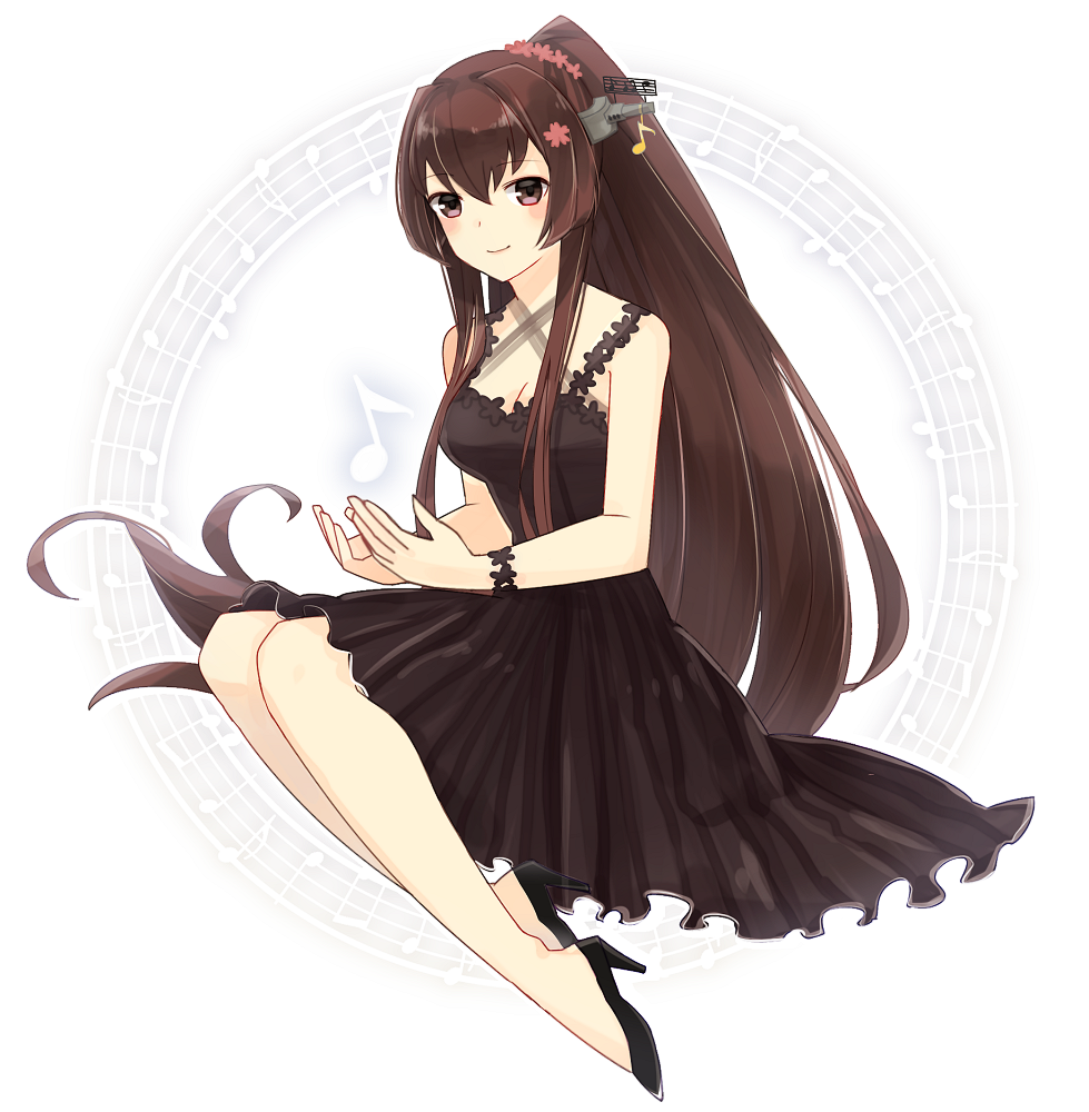 1girl alternate_costume black_dress brown_hair cherry_blossoms dress flower hair_flower hair_ornament headgear kantai_collection long_hair ponytail simple_background sitting sleeveless sleeveless_dress smile solo very_long_hair white_background yamashiki_(orca_buteo) yamato_(kantai_collection)