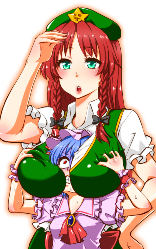 2girls aqua_eyes ascot beret between_breasts blouse blue_hair blush braid breast_grab breast_smother breasts brooch chinese_clothes clenched_teeth grabbing hand_on_hip hat head_between_breasts hong_meiling jewelry large_breasts long_hair looking_afar mob_cap multiple_girls open_mouth red_eyes redhead remilia_scarlet shiraue_yuu short_hair simple_background star sweatdrop teeth touhou turn_pale twin_braids upper_body white_background wrist_cuffs