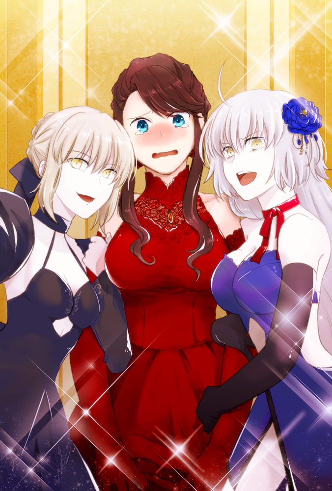 3girls :d ahoge bangs bare_shoulders black_dress black_gloves blue_dress blue_eyes blush breasts brown_hair choker cleavage cowboy_shot detached_sleeves dress elbow_gloves embarrassed fate/grand_order fate_(series) female flower foreshortening fujimaru_ritsuka_(male) genderswap genderswap_(mtf) girl_sandwich gloves green_eyes grey_hair hair_flower hair_ornament jeanne_alter large_breasts locked_arms long_hair looking_at_viewer medium_breasts multiple_girls nose_blush open-back_dress open_mouth pale_skin red_dress red_gloves ribbon_choker ruler_(fate/apocrypha) saber saber_alter sandwiched self_shot short_hair side_slit sidelocks sleeveless sleeveless_dress small_breasts smile spaghetti_strap sparkle strapless strapless_dress swept_bangs taut_clothes taut_dress tearing_up thighs wavy_mouth white_hair yellow_background yellow_eyes
