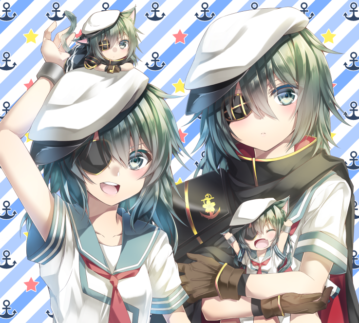 4girls anchor_symbol animal_ears brown_gloves cape cat_ears cat_tail eyepatch gloves green_eyes green_hair hat kantai_collection kiso_(kantai_collection) multiple_girls multiple_persona pauldrons remodel_(kantai_collection) school_uniform serafuku tail yuihira_asu