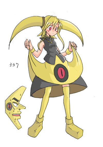 1girl bangs bare_arms bare_shoulders black_shirt black_skirt blonde_hair blush breasts eyebrows eyebrows_visible_through_hair hair_between_eyes kaiji legs_apart long_hair lunatone mamecho_(ageatcosh) number parody personification pokemon pokemon_(creature) pokemon_(game) pokemon_oras pokemon_rse raised_eyebrows red_eyes shirt shoes sidelocks skirt skirt_lift skirt_set sleeveless sleeveless_shirt small_breasts standing sweat tareme thigh-highs turtleneck twintails wristband yellow_legwear yellow_shoes zettai_ryouiki