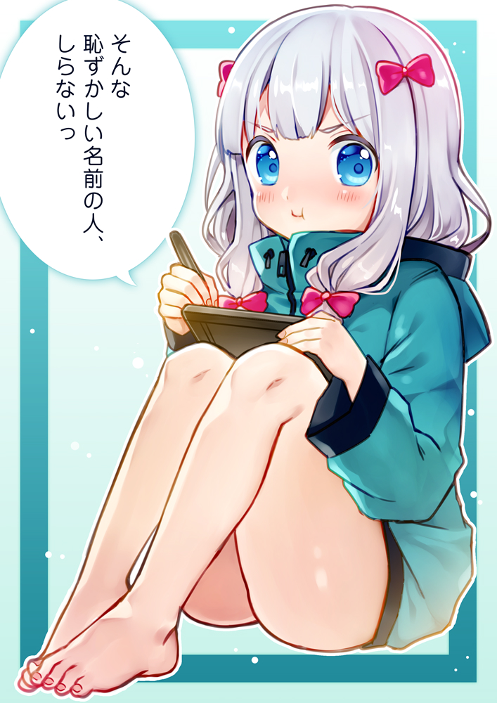 &gt;:i 1girl bangs barefoot blue_eyes blush clarinet_(natsumi3230) closed_mouth commentary eromanga_sensei eyebrows_visible_through_hair feet feet_together grey_hair holding izumi_sagiri jacket knees_up legs_together long_hair looking_at_viewer pout silver_hair sitting solo speech_bubble stylus tablet toes translated