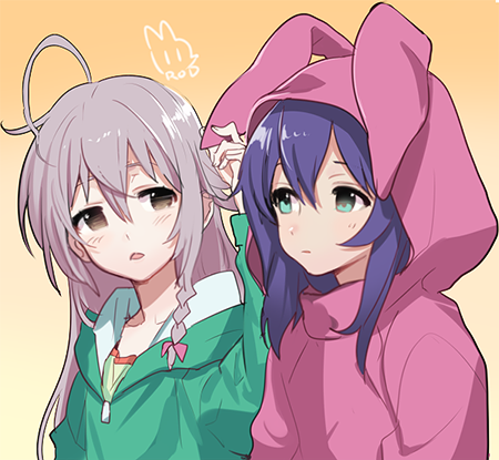2girls :o :| adjusting_another's_clothes ahoge animal_ears animal_hood aqua_eyes artist_name blue_hair blush braid closed_mouth collarbone cosplay expressionless eye_contact fake_animal_ears fingernails gradient gradient_background grey_eyes grey_hair hair_between_eyes hair_ornament hair_ribbon hood hooded_jacket hoshi_shouko idolmaster idolmaster_cinderella_girls idolmaster_million_live! jacket kigurumi long_hair long_sleeves looking_at_another looking_to_the_side lowres medium_hair mochizuki_anna multiple_girls open_mouth pink_ribbon rabbit_ears ribbon rod_(rod4817) shiny shiny_hair signature simple_background single_braid tareme triangle_mouth two-tone_background upper_body yellow_background zipper