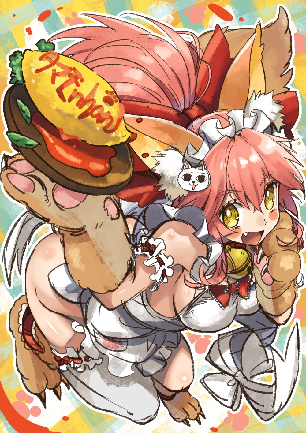 1girl animal_ears apron bell bell_collar blush_stickers breasts cleavage collar fang fate/grand_order fate_(series) food fox_ears fox_tail hair_ribbon highres ketchup large_breasts long_hair looking_at_viewer looking_up naked_apron omelet open_mouth paws pink_hair ribbon shimo_(s_kaminaka) sideboob solo tail tamamo_(fate)_(all) tamamo_cat_(fate) vegetable yellow_eyes