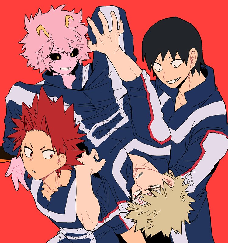 1girl 3boys abaraya ashido_mina bakugou_katsuki black_hair black_sclera blonde_hair boku_no_hero_academia carrying horns jacket kirishima_eijirou multiple_boys pants pink_hair pink_skin red_eyes redhead sero_hanta smile spiky_hair teeth track_jacket track_pants track_suit