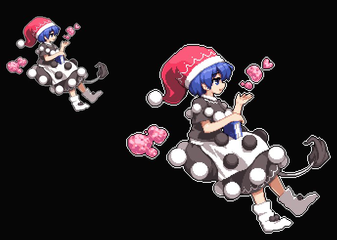 1girl bangs black_background black_dress blue_eyes blue_hair book commentary_request doremy_sweet dress eyebrows_visible_through_hair from_side full_body hat heart holding holding_book no_shoes open_mouth pixel_art pom_pom_(clothes) profile red_hat santa_hat short_sleeves simple_background socks tail takorin tapir_tail touhou white_legwear