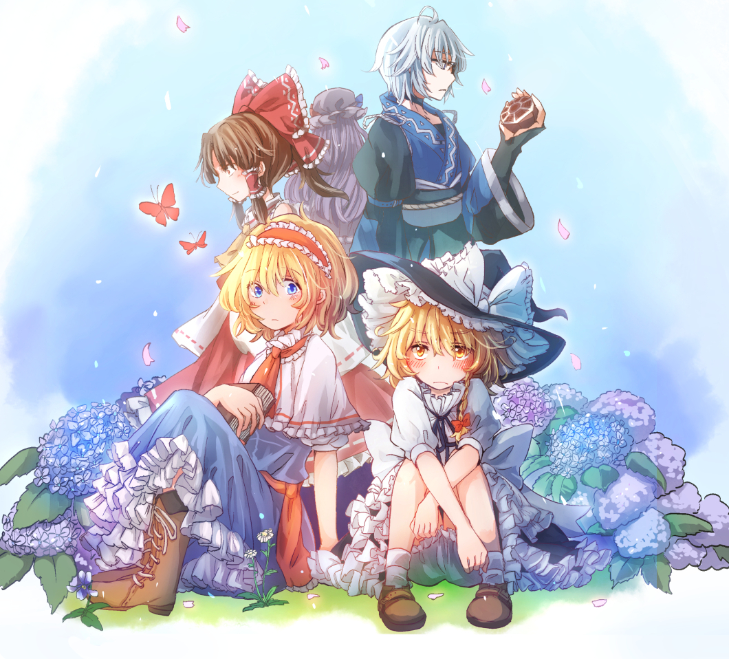 1boy 4girls ahoge alice_margatroid blonde_hair bloomers blue_background blue_dress blue_eyes blush boots bow braid bridal_gauntlets brown_hair butterfly capelet cherry_blossoms commentary_request cross-laced_footwear daisy detached_sleeves dress expressionless flower folded_ponytail from_behind frown glasses hair_bow hair_ribbon hair_tubes hairband hakurei_reimu hat hat_ribbon hydrangea japanese_clothes kirisame_marisa leaf loafers lolita_hairband long_hair looking_at_viewer looking_away looking_down mini-hakkero mob_cap morichika_rinnosuke multiple_girls outdoors patchouli_knowledge petals profile puffy_short_sleeves puffy_sleeves purple_hair red_eyes ribbon shoes short_hair short_sleeves single_braid sitting skirt skirt_set tigern touhou tress_ribbon underwear very_long_hair white_hair white_legwear witch_hat yellow_eyes