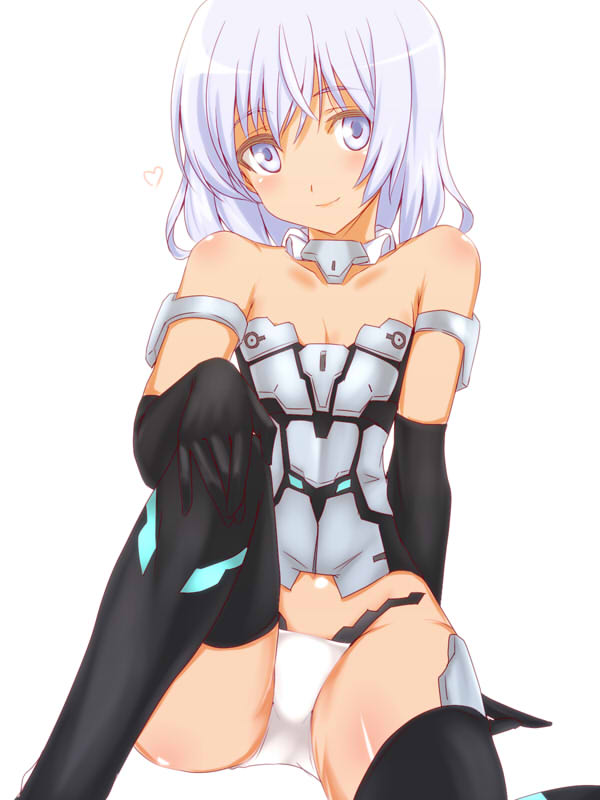 1girl animal_ears bare_shoulders black_gloves black_legwear blue_eyes cat_tail elbow_gloves frame_arms_girl gloves looking_at_viewer materia_(frame_arms_girl) mecha_musume panties silve silver_hair simple_background sitting smile solo tail tan thigh-highs underwear white_background white_panties white_underwear