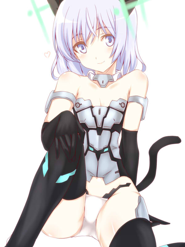 1girl animal_ears bare_shoulders black_gloves black_legwear cat_ears cat_tail cosplay elbow_gloves frame_arms_girl gloves hirschgeweih_antennas looking_at_viewer materia_(frame_arms_girl) mecha_musume panties purple_hair sanya_v_litvyak sanya_v_litvyak_(cosplay) silve silver_hair simple_background sitting smile solo strike_witches tail thigh-highs underwear violet_eyes white_background white_panties white_underwear world_witches_series