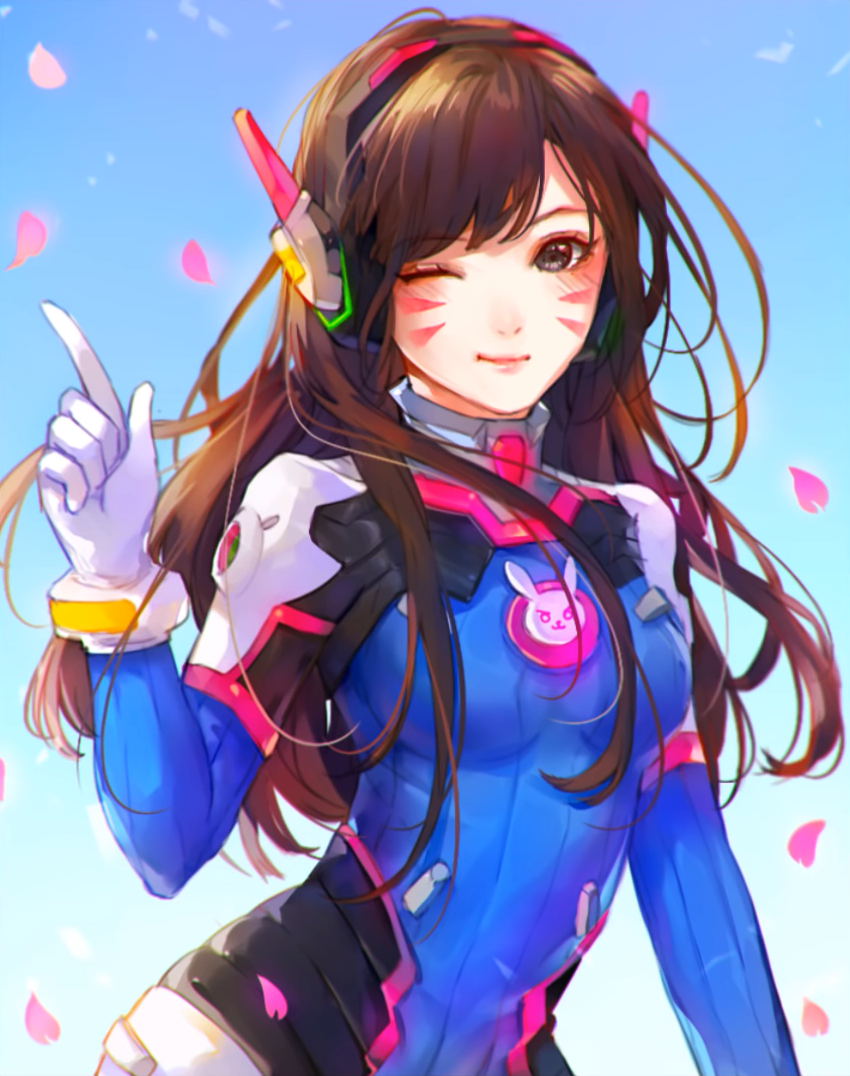 1girl animal_print arm_at_side bangs black_eyes blue_background blue_bodysuit blush bodysuit breasts brown_hair bunny_print cherry_blossoms closed_mouth d.va_(overwatch) eyebrows_visible_through_hair facepaint gloves gradient gradient_background headset long_hair looking_at_viewer medium_breasts one_eye_closed overwatch petals pointing pointing_up ribbed_bodysuit ruuto-kun screen smile solo speedpaint swept_bangs teenage upper_body whisker_markings white_gloves