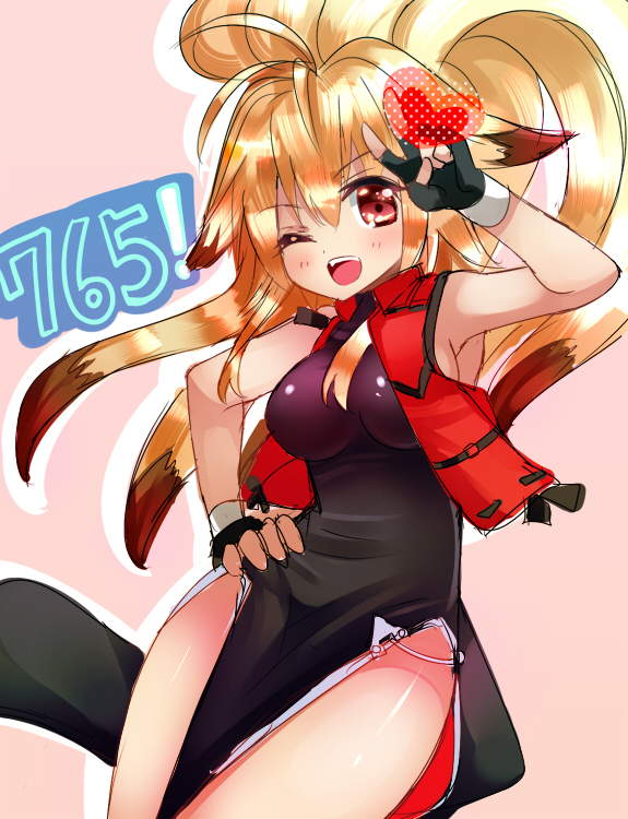 1girl ahoge animal_ears bare_shoulders blonde_hair blush breasts china_dress chinese_clothes colored dress fingerless_gloves fox_ears gloves long_hair looking_at_viewer medium_breasts multicolored_hair nagare namco namco_x_capcom one_eye_closed open_mouth ponytail project_x_zone red_eyes smile solo super_robot_wars super_robot_wars_og_saga_mugen_no_frontier two-tone_hair vest xiaomu