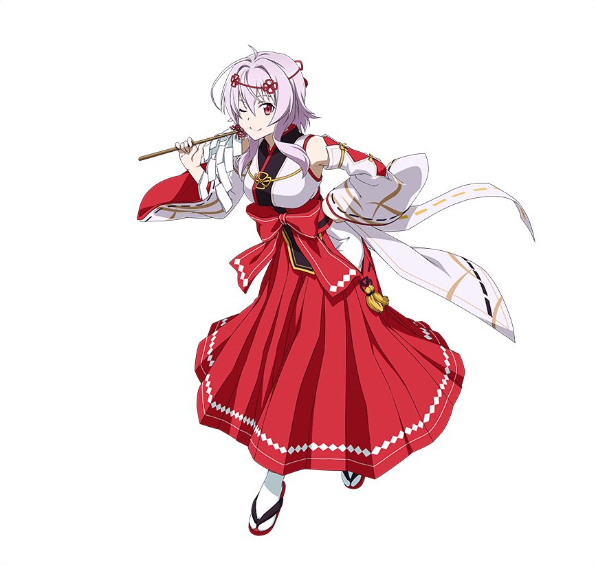 1girl ;) black_ribbon full_body hair_ornament hakama hand_on_hip holding japanese_clothes looking_at_viewer nontraditional_miko one_eye_closed purple_hair red_eyes red_hakama ribbon ribbon-trimmed_sleeves ribbon_trim short_hair_with_long_locks sidelocks simple_background smile solo standing strea sword_art_online white_background white_legwear