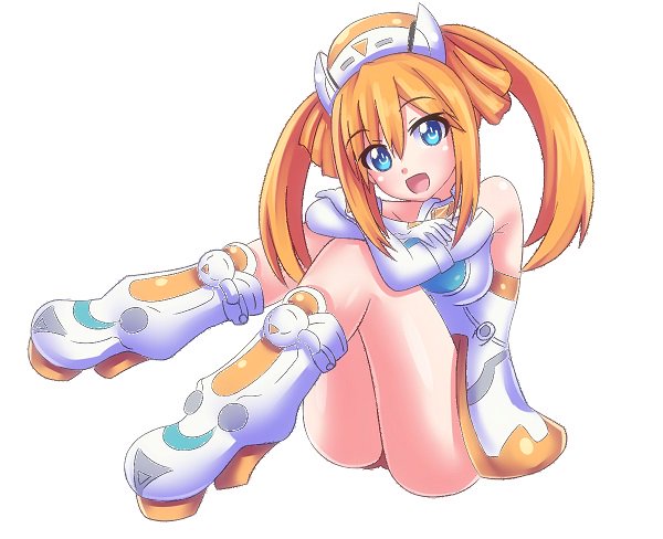 1girl bare_shoulders blue_eyes blush breasts elbow_gloves full_body gloves hechima-bushi long_hair looking_at_viewer medium_breasts neptune_(series) open_mouth orange_hair orange_heart power_symbol shin_jigen_game_neptune_vii sitting smile solo symbol-shaped_pupils tennouboshi_uzume twintails white_gloves