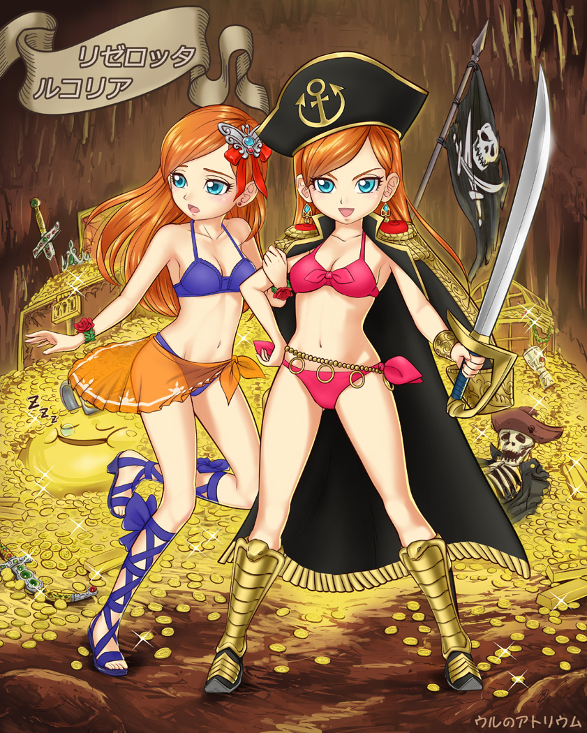 2girls bangs belly_chain bikini blue_bikini blue_eyes butterfly_hair_ornament coin cross-laced_footwear dragon_quest dragon_quest_x earrings flag full_body gold hair_ornament hat jewelry long_hair looking_at_viewer looking_back multiple_girls orange_hair pink_bikini pirate pirate_hat rizerotta_(dq10) rukoria_(dq10) sarong skeleton skull_and_crossbones sleeping standing swept_bangs swimsuit sword treasure treasure_chest ur_(wulfa) weapon