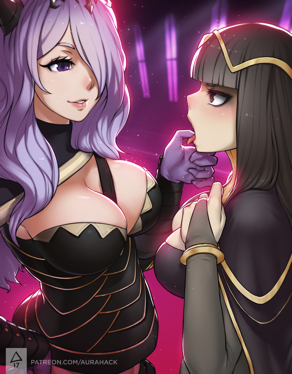 2girls artist_name black_hair breasts camilla_(fire_emblem_if) cape cleavage erica_june_lahaie eye_contact finger_in_another's_mouth fire_emblem fire_emblem:_kakusei fire_emblem_if hair_over_one_eye highres hime_cut large_breasts long_hair looking_at_another medium_breasts multiple_girls open_mouth parted_lips purple_hair smile tharja tongue tongue_grab tongue_out violet_eyes watermark web_address yuri